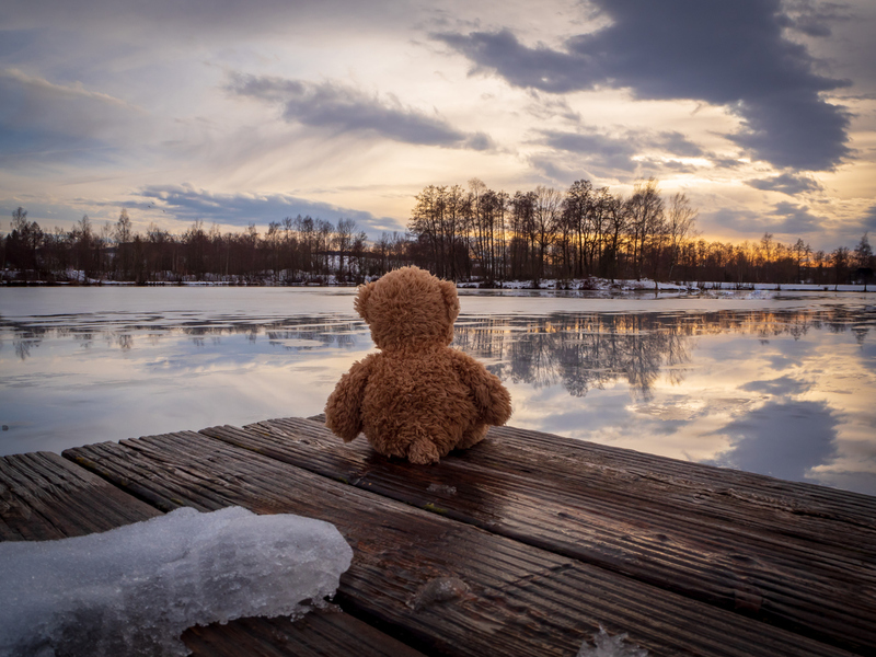 Einsamer Teddybär auf einem Steg am Wasser im Wnter.